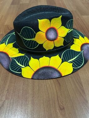 Mexican artisan hand painted sunflowers straw fedora hat size Meduim